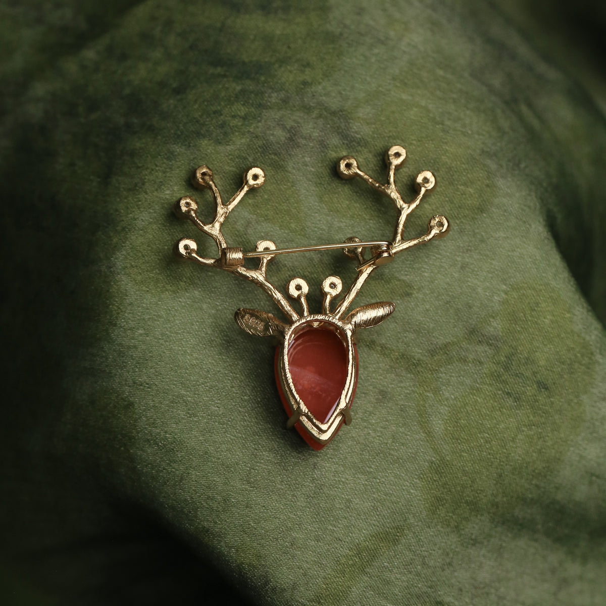 Morado Red Agate Deer Brooch, Gold Plated Silver Animal Pin, Vintage Antler Brooch