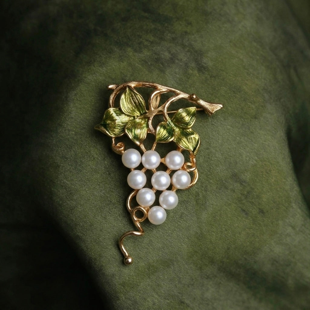 Morado Hand-Carved Pearl Grape Brooch, Gold Plated Sterling Silver, Multi-wear design