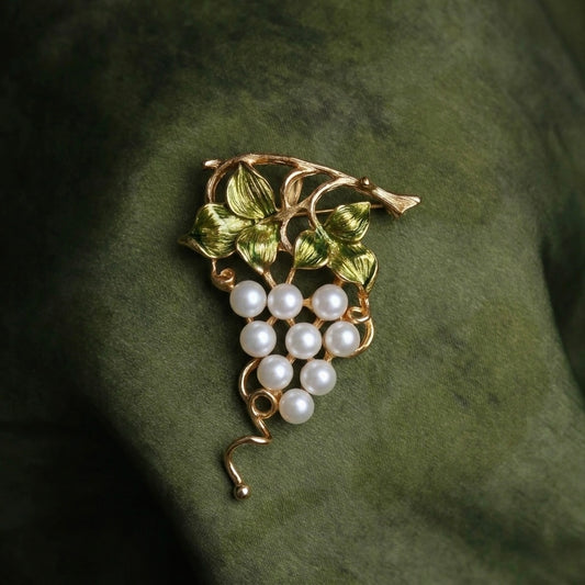 Morado Hand-Carved Pearl Grape Brooch, Gold Plated Sterling Silver, Multi-wear design