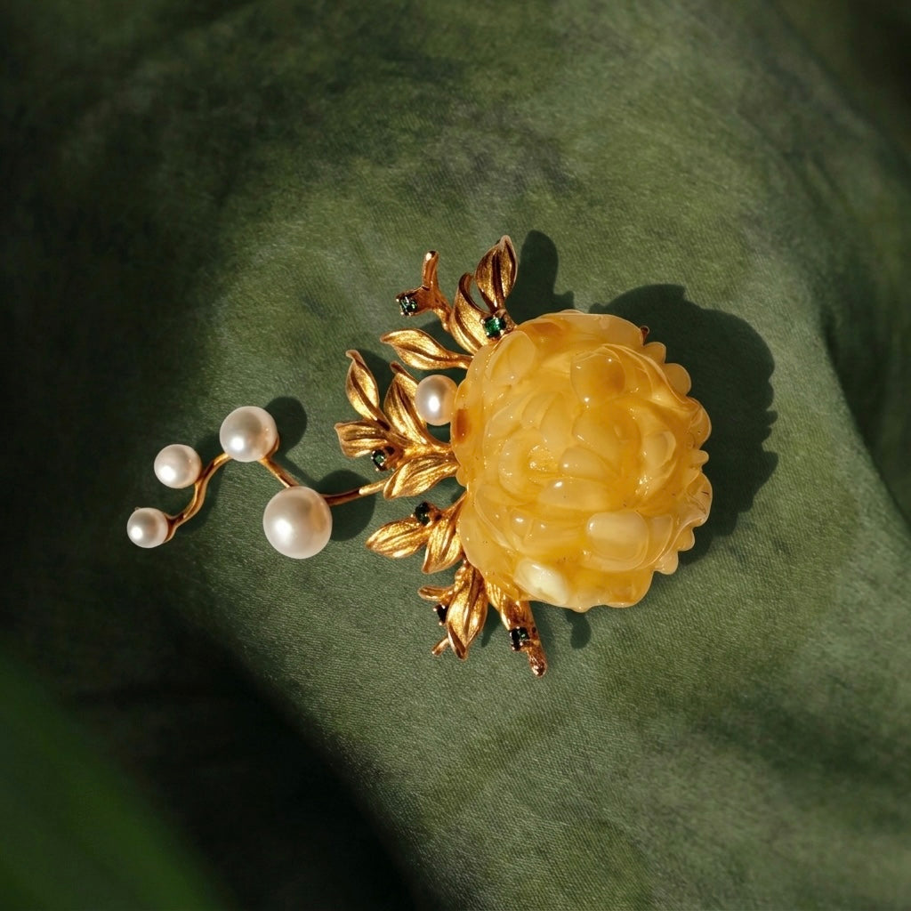 Morado Hand-Carved Amber Peony Brooch, Gold-Plated Sterling Silver Floral Pin, Multi-wear design