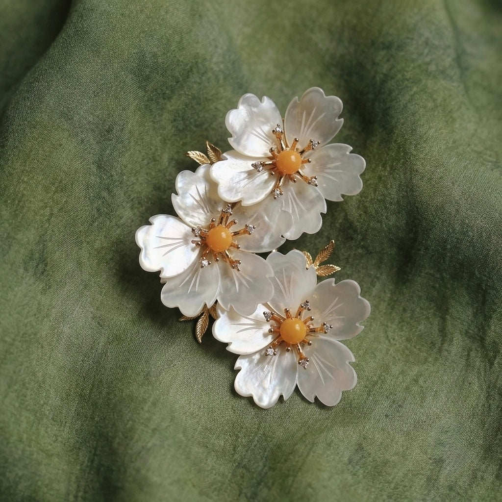 Morado Mother of Pearl Flower Brooch, Gold Plated Copper Plum Blossom Pin