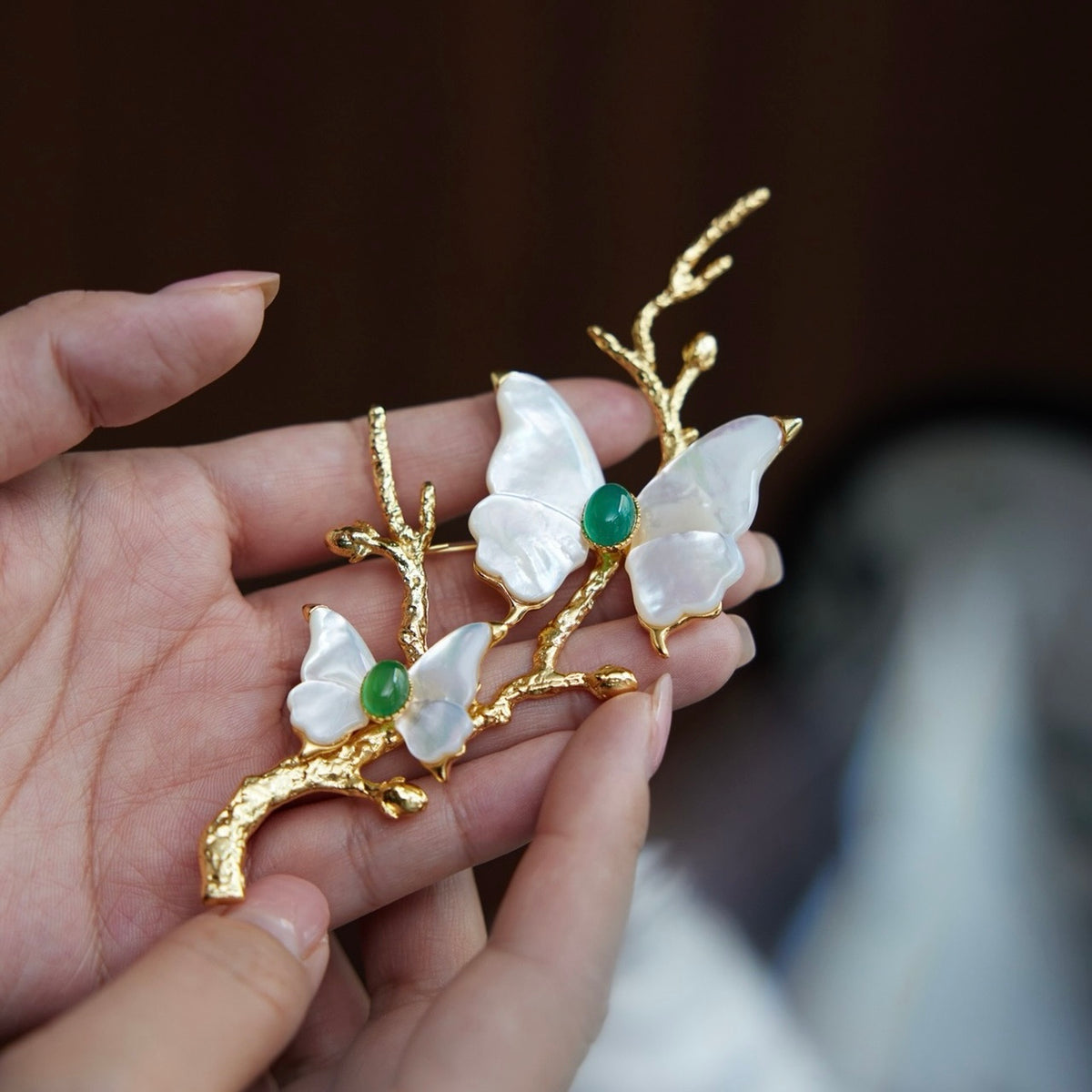 Morado Gold-Plated Butterfly Copper Brooch, Handmade Iridescent Mother-of-Pearl Pin