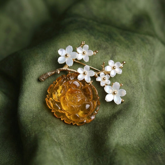 Morado Amber Rose Brooch with Mother of Pearl Blossoms, Handmade 925 Silver Jewelry
