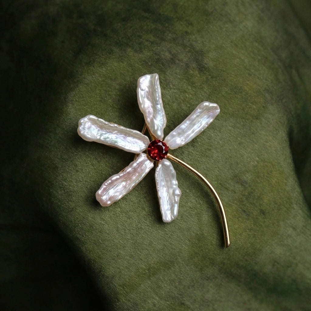 Morado Baroque Garnet Iris Floral Brooch, Handmade Gold Plated Copper Pin
