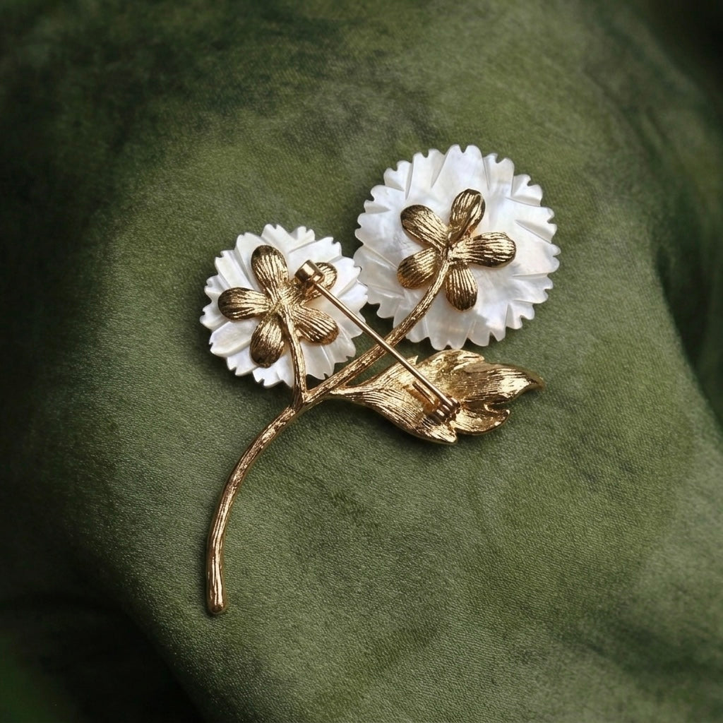 Morado Gold-Plated Sunflower Brooch, Handmade with Mother-of-Pearl & Amber Botanical Pin