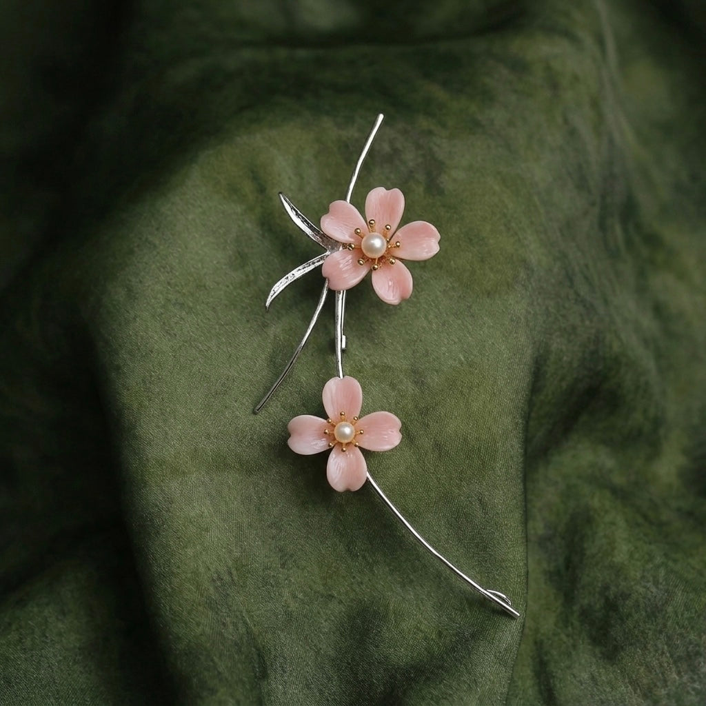 Morado Gold Plated Copper Floral Brooch, Pink Mother of Pearl Sakura Brooch