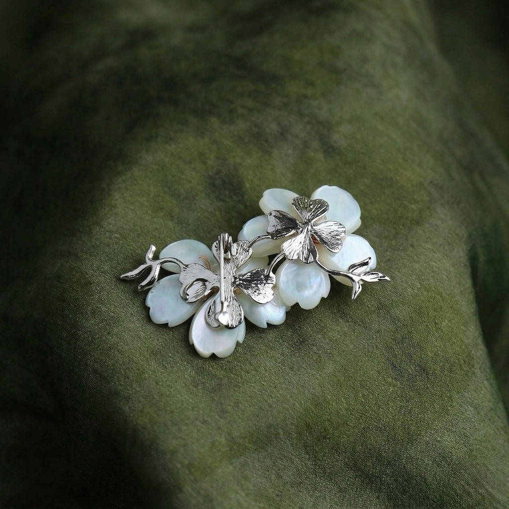 Morado Mother of Pearl Twin Amber Flower Brooch, Gold Plated Copper Floral Pin
