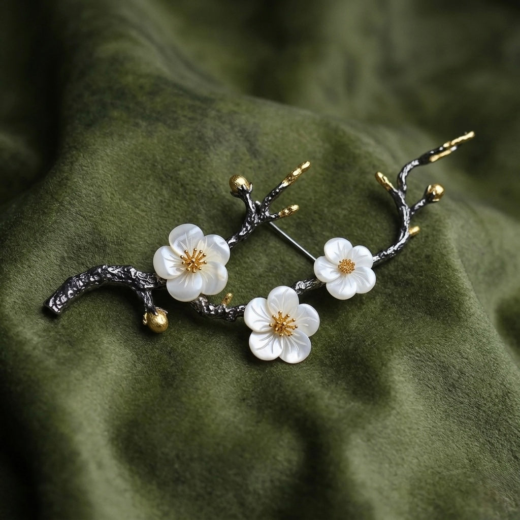 Morado Plum Blossom Branch Brooch, Black Gold Plated Copper with Mother of Pearl Flowers