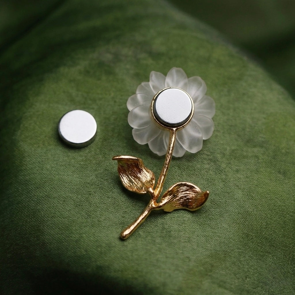 Morado White Quartz Daisy Magnet Brooch, Gold-Plated Copper Flower Pin