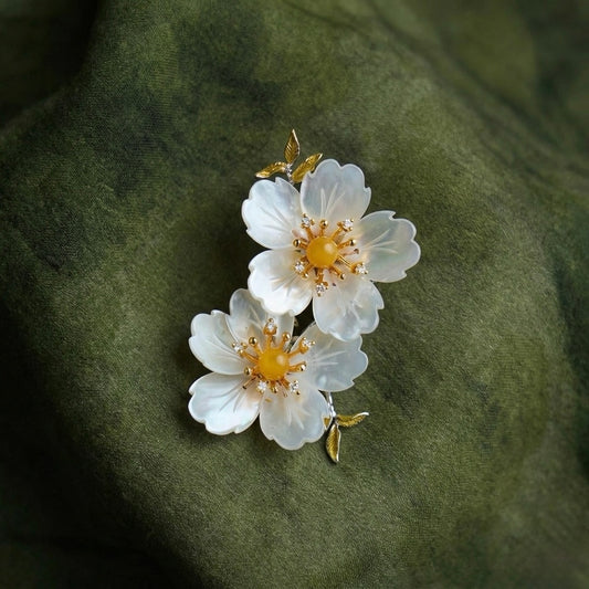 Morado Mother of Pearl Twin Amber Flower Brooch, Gold Plated Copper Floral Pin
