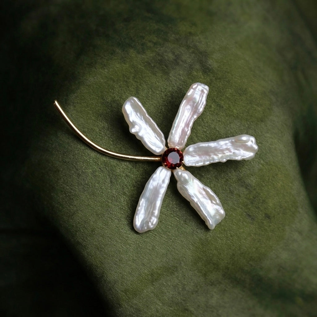 Morado Baroque Garnet Iris Floral Brooch, Handmade Gold Plated Copper Pin