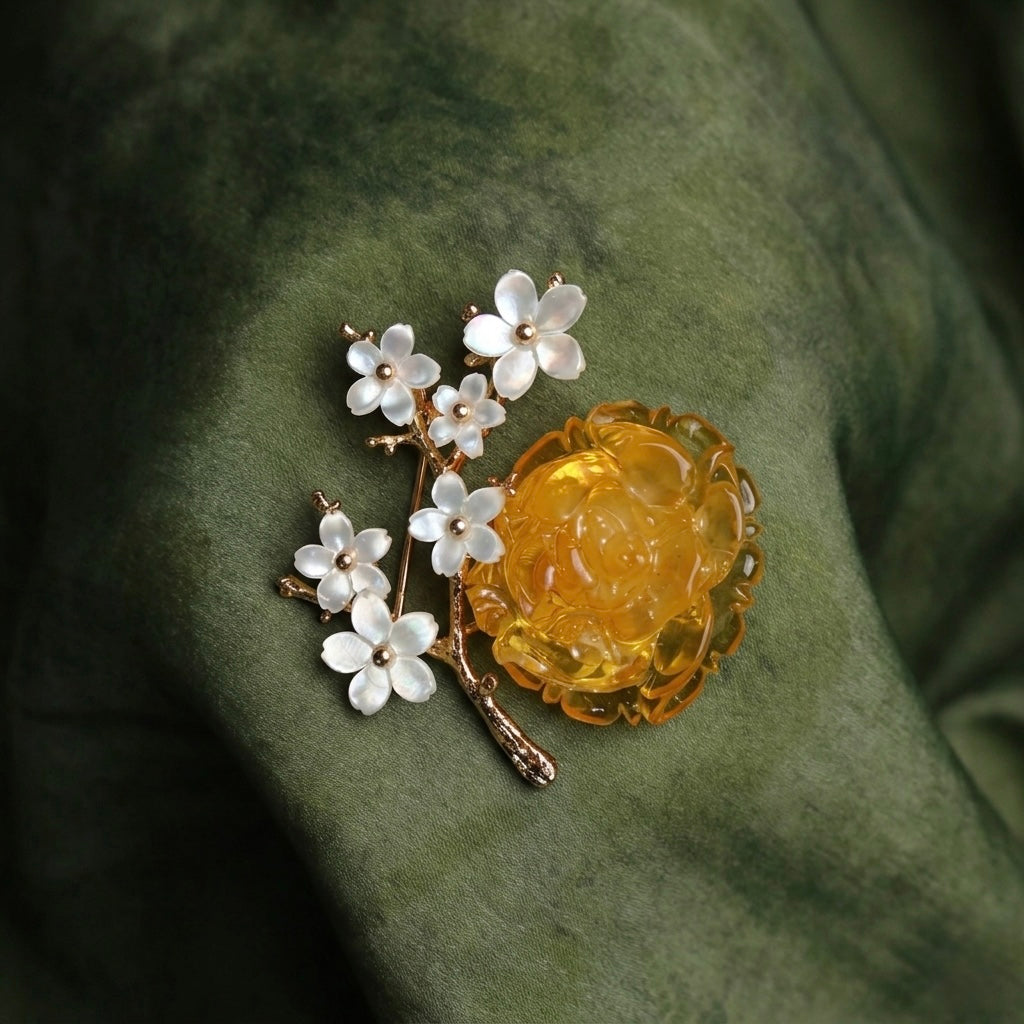 Morado Amber Rose Brooch with Mother of Pearl Blossoms, Handmade 925 Silver Jewelry