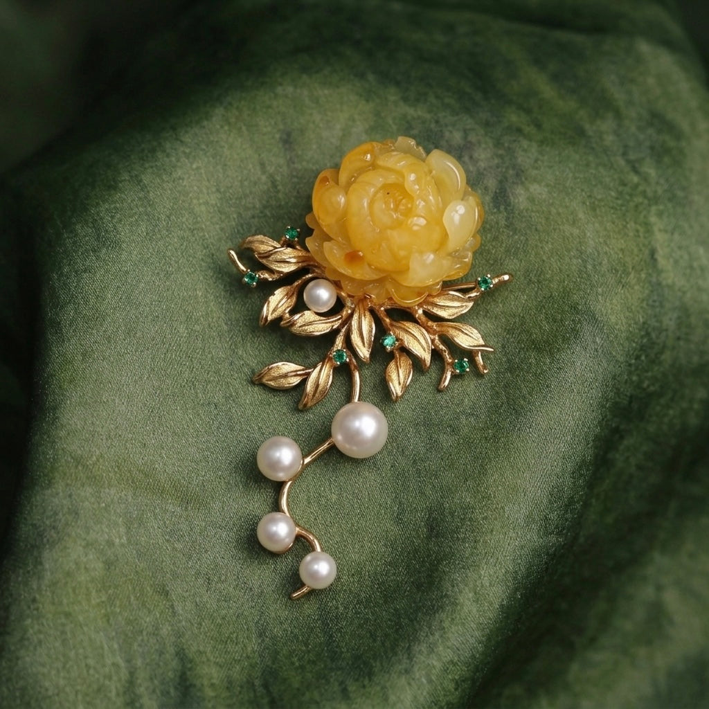 Morado Hand-Carved Amber Peony Brooch, Gold-Plated Sterling Silver Floral Pin, Multi-wear design