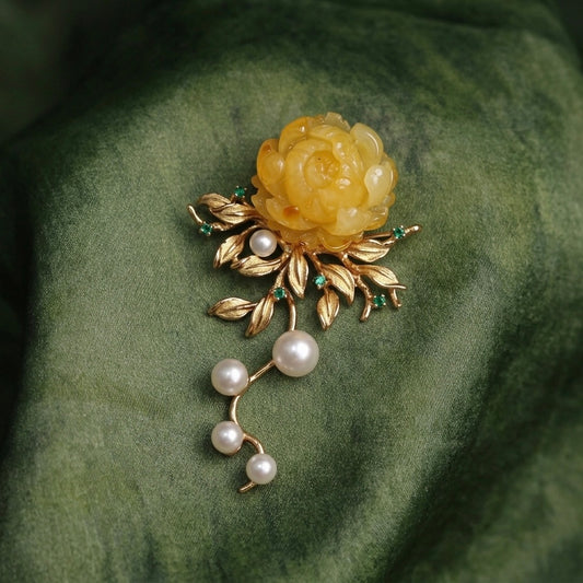 Morado Hand-Carved Amber Peony Brooch, Gold-Plated Sterling Silver Floral Pin, Multi-wear design