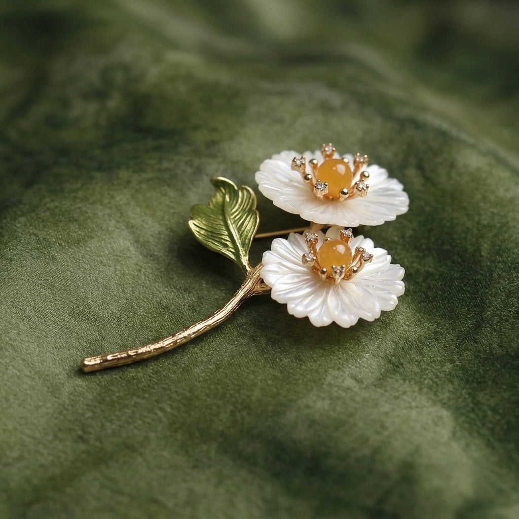 Morado Gold-Plated Sunflower Brooch, Handmade with Mother-of-Pearl & Amber Botanical Pin
