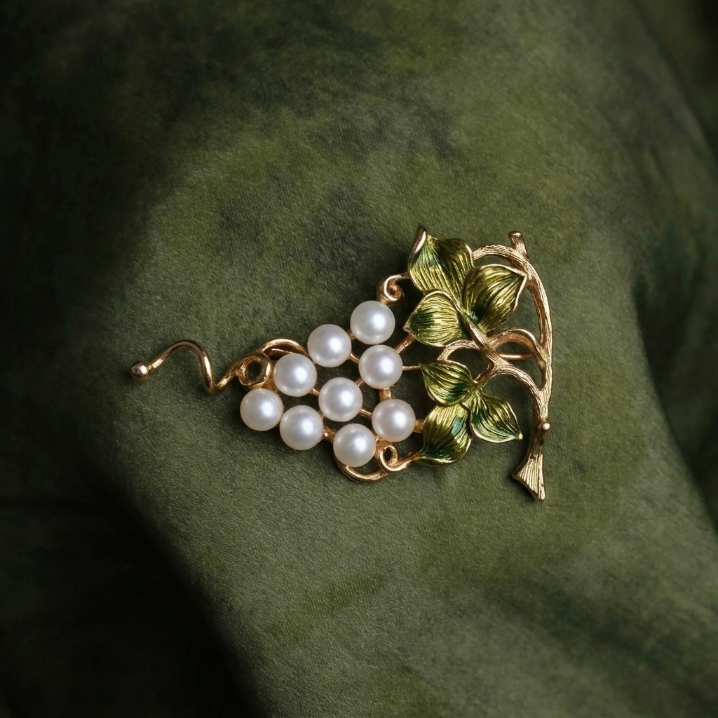 Morado Hand-Carved Pearl Grape Brooch, Gold Plated Sterling Silver, Multi-wear design