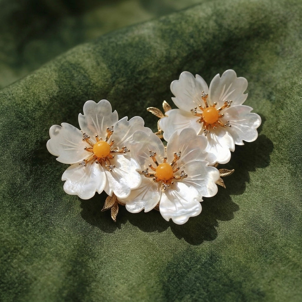 Morado Mother of Pearl Flower Brooch, Gold Plated Copper Plum Blossom Pin