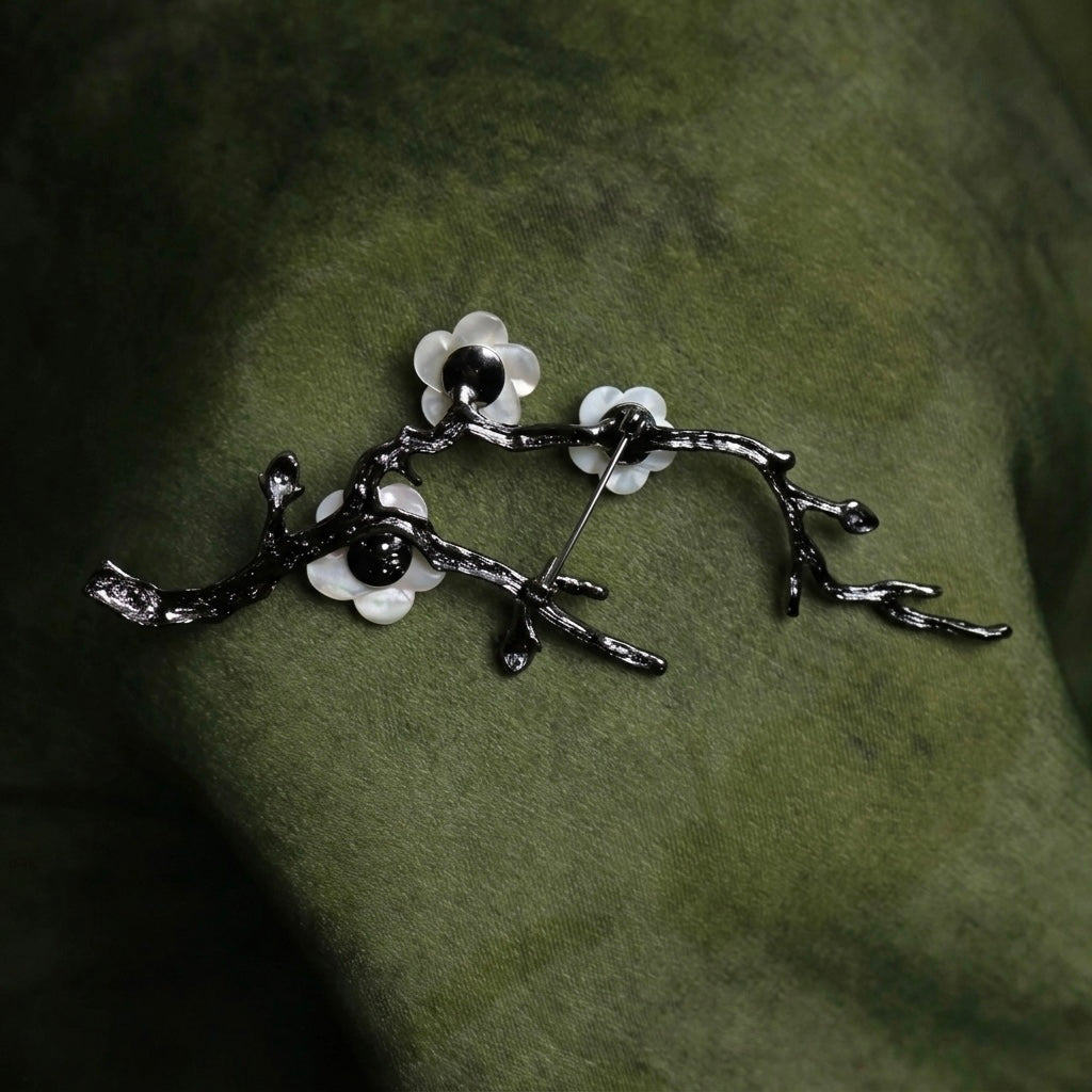 Morado Plum Blossom Branch Brooch, Black Gold Plated Copper with Mother of Pearl Flowers