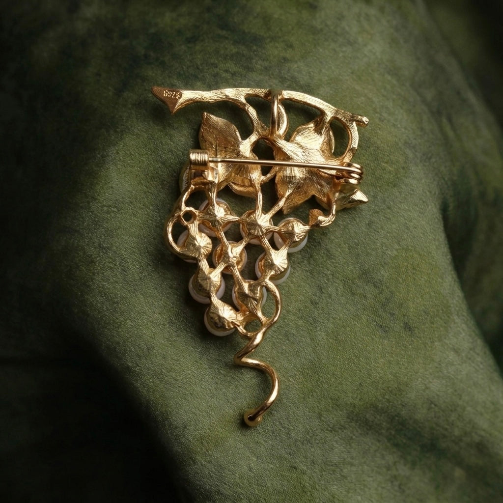 Morado Hand-Carved Pearl Grape Brooch, Gold Plated Sterling Silver, Multi-wear design
