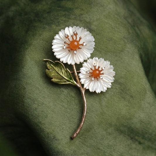 Morado Gold-Plated Sunflower Brooch, Handmade with Mother-of-Pearl & Amber Botanical Pin