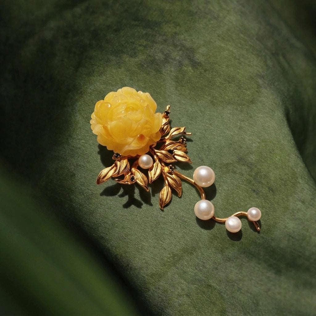 Morado Hand-Carved Amber Peony Brooch, Gold-Plated Sterling Silver Floral Pin, Multi-wear design