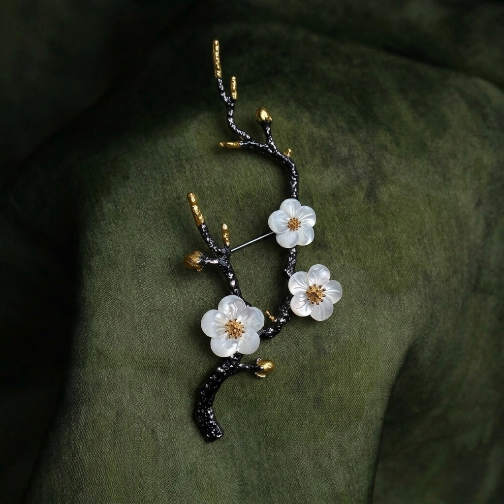 Morado Plum Blossom Branch Brooch, Black Gold Plated Copper with Mother of Pearl Flowers