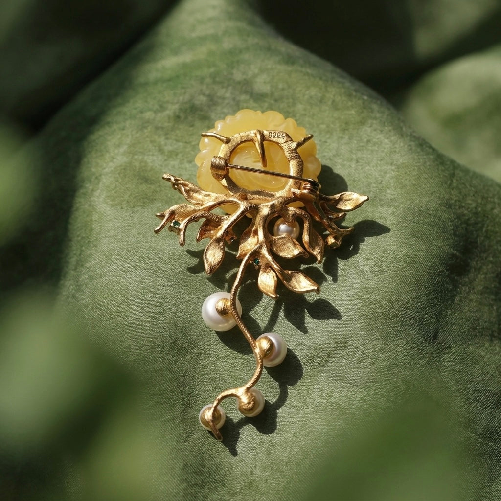 Morado Hand-Carved Amber Peony Brooch, Gold-Plated Sterling Silver Floral Pin, Multi-wear design