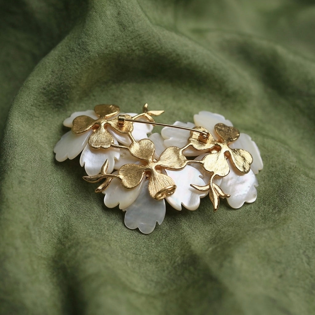 Morado Mother of Pearl Flower Brooch, Gold Plated Copper Plum Blossom Pin