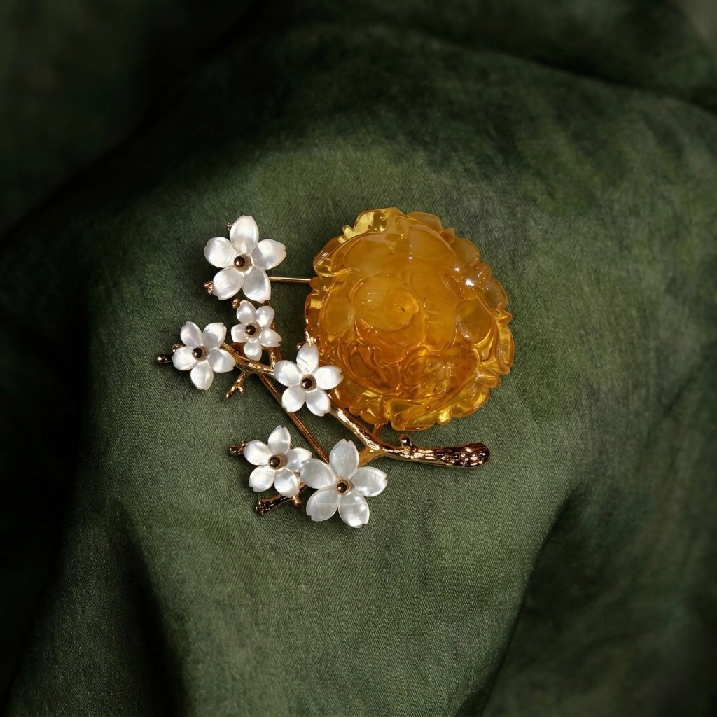 Morado Amber Rose Brooch with Mother of Pearl Blossoms, Handmade 925 Silver Jewelry
