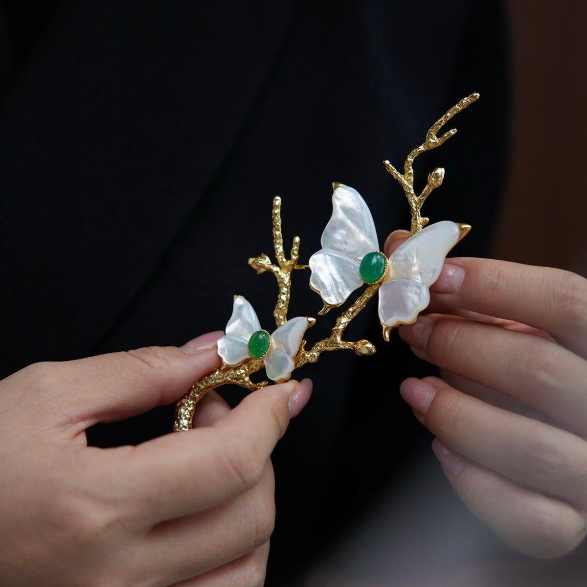 Morado Gold-Plated Butterfly Copper Brooch, Handmade Iridescent Mother-of-Pearl Pin
