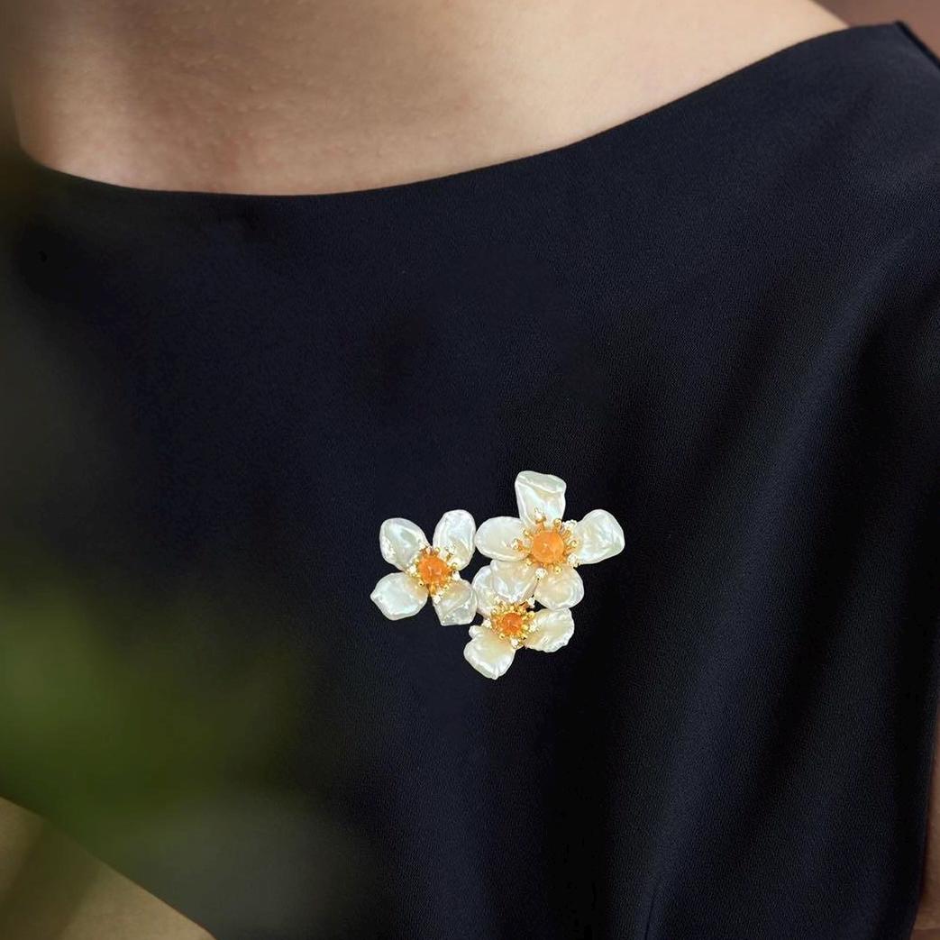Morado Gold-Plated Baroque Pearl Floral Copper Brooch, Handmade Unique Pearl Flower Pin