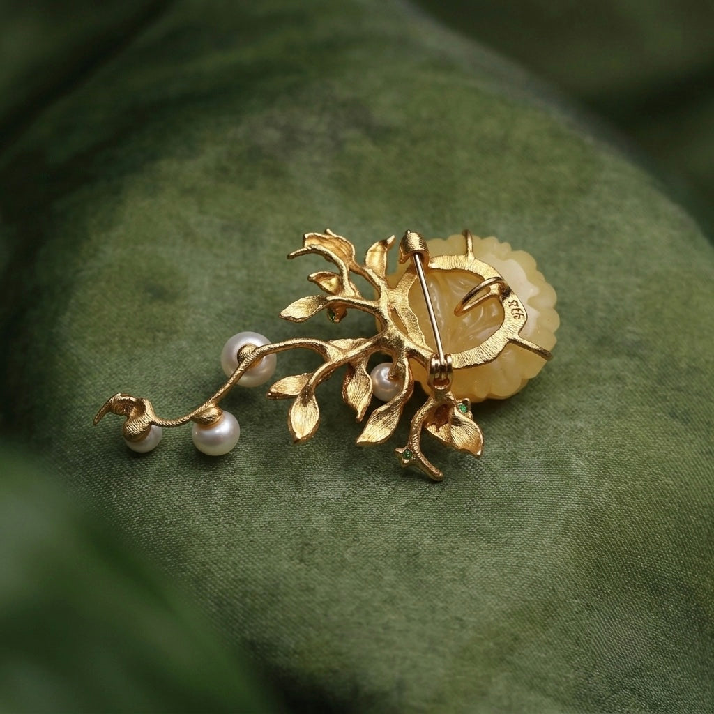 Morado Hand-Carved Amber Peony Brooch, Gold-Plated Sterling Silver Floral Pin, Multi-wear design