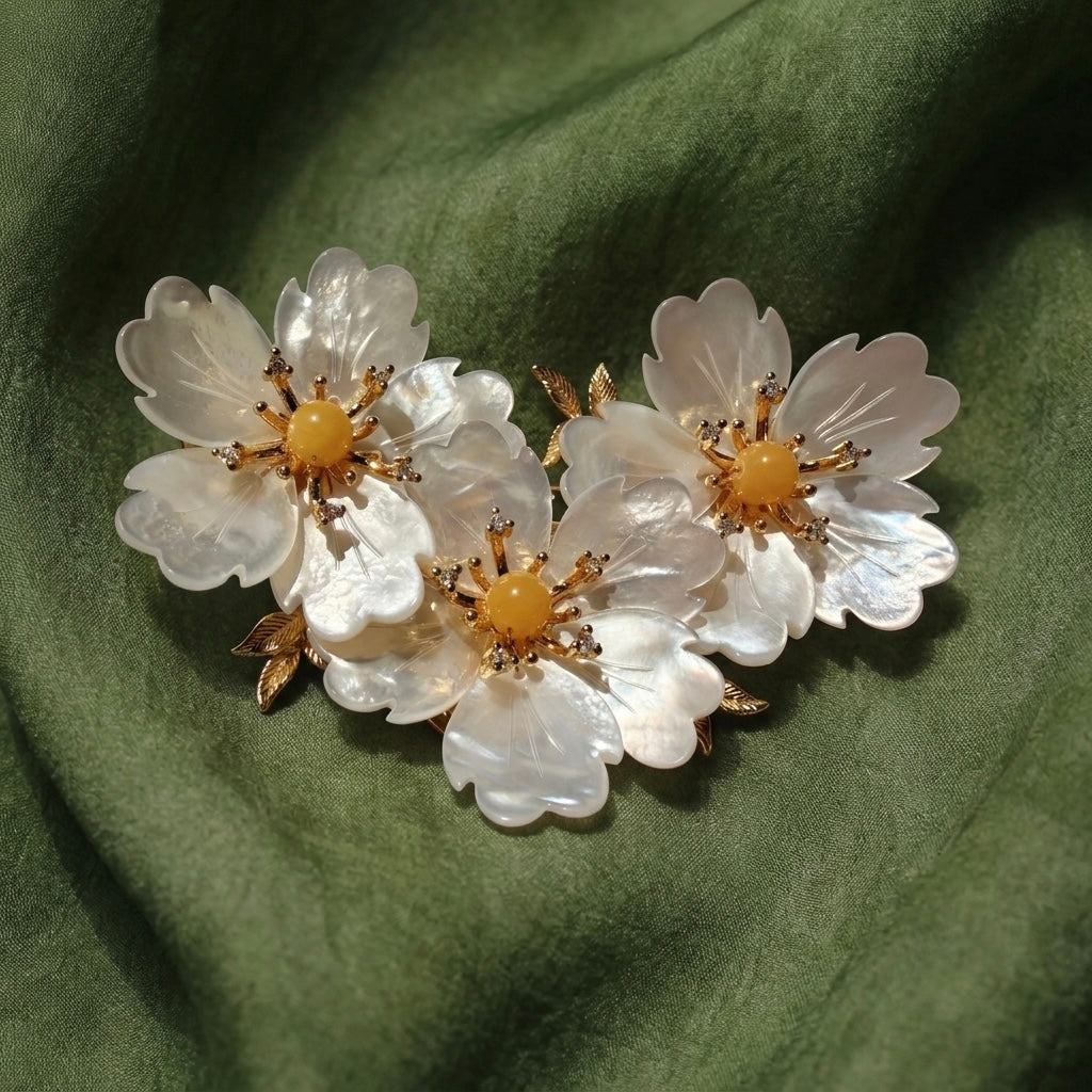 Morado Mother of Pearl Flower Brooch, Gold Plated Copper Plum Blossom Pin
