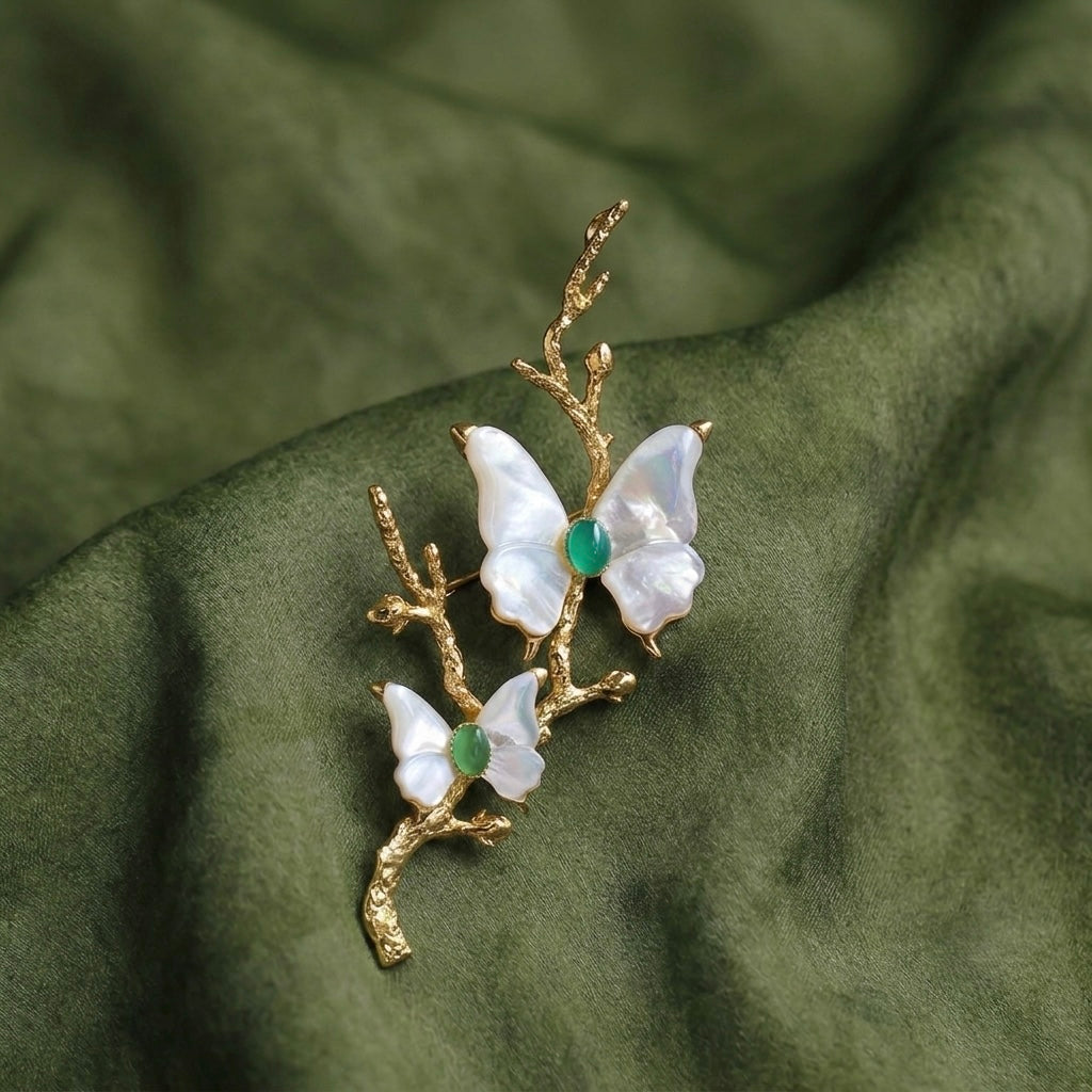 Morado Gold-Plated Butterfly Copper Brooch, Handmade Iridescent Mother-of-Pearl Pin