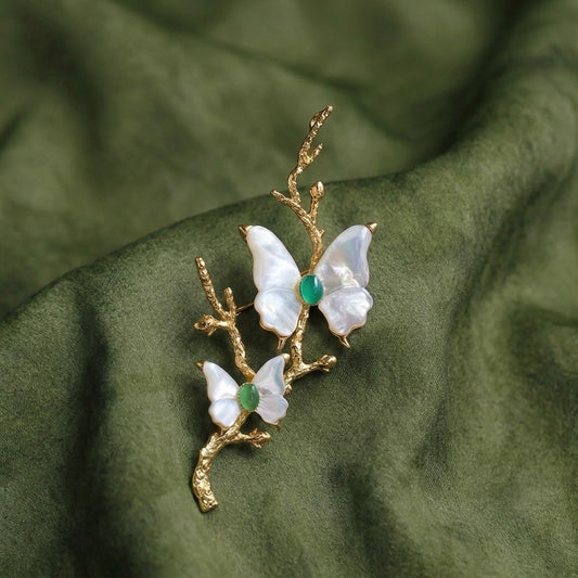 Morado Gold-Plated Butterfly Copper Brooch, Handmade Iridescent Mother-of-Pearl Pin