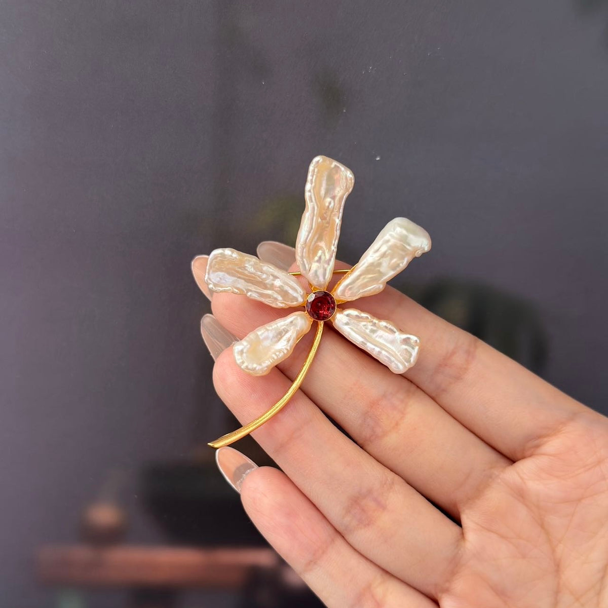 Morado Baroque Garnet Iris Floral Brooch, Handmade Gold Plated Copper Pin