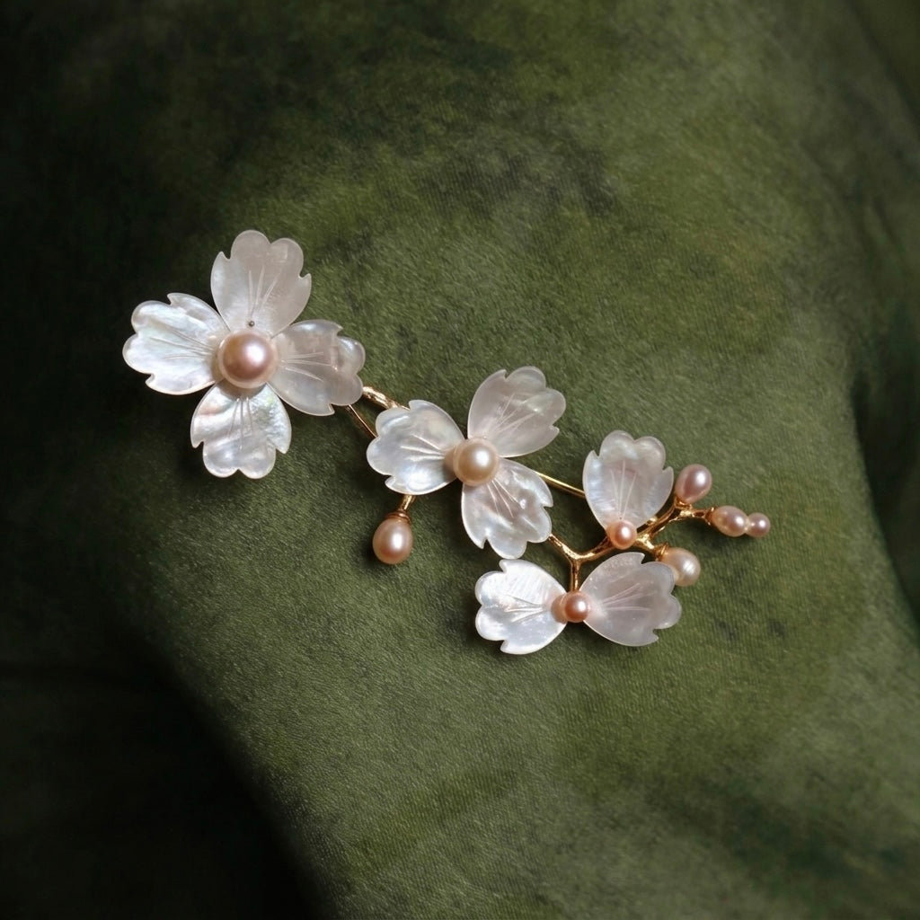 Morado Mother of Pearl Gold-Plated Copper Brooch, Handmade Snowflake Floral Design, Multi-Wear Pin
