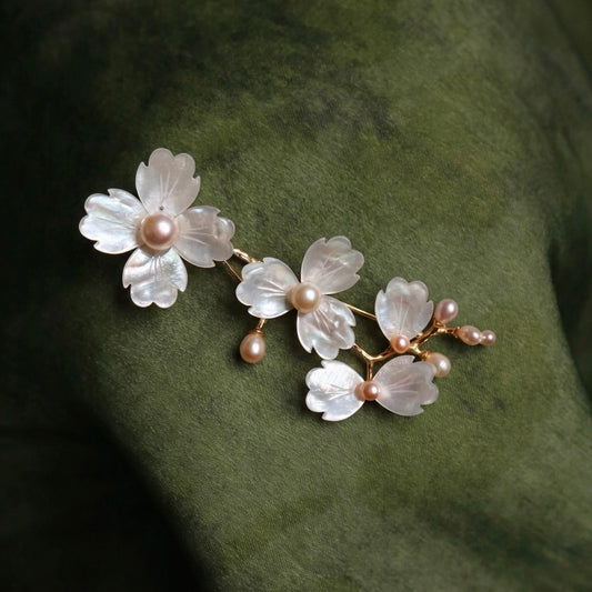 Morado Mother of Pearl Gold-Plated Copper Brooch, Handmade Snowflake Floral Design, Multi-Wear Pin