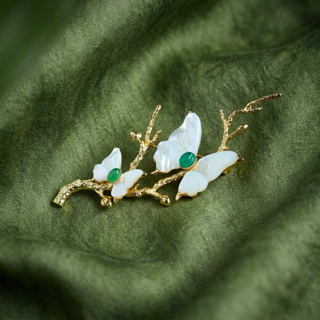 Morado Gold-Plated Butterfly Copper Brooch, Handmade Iridescent Mother-of-Pearl Pin
