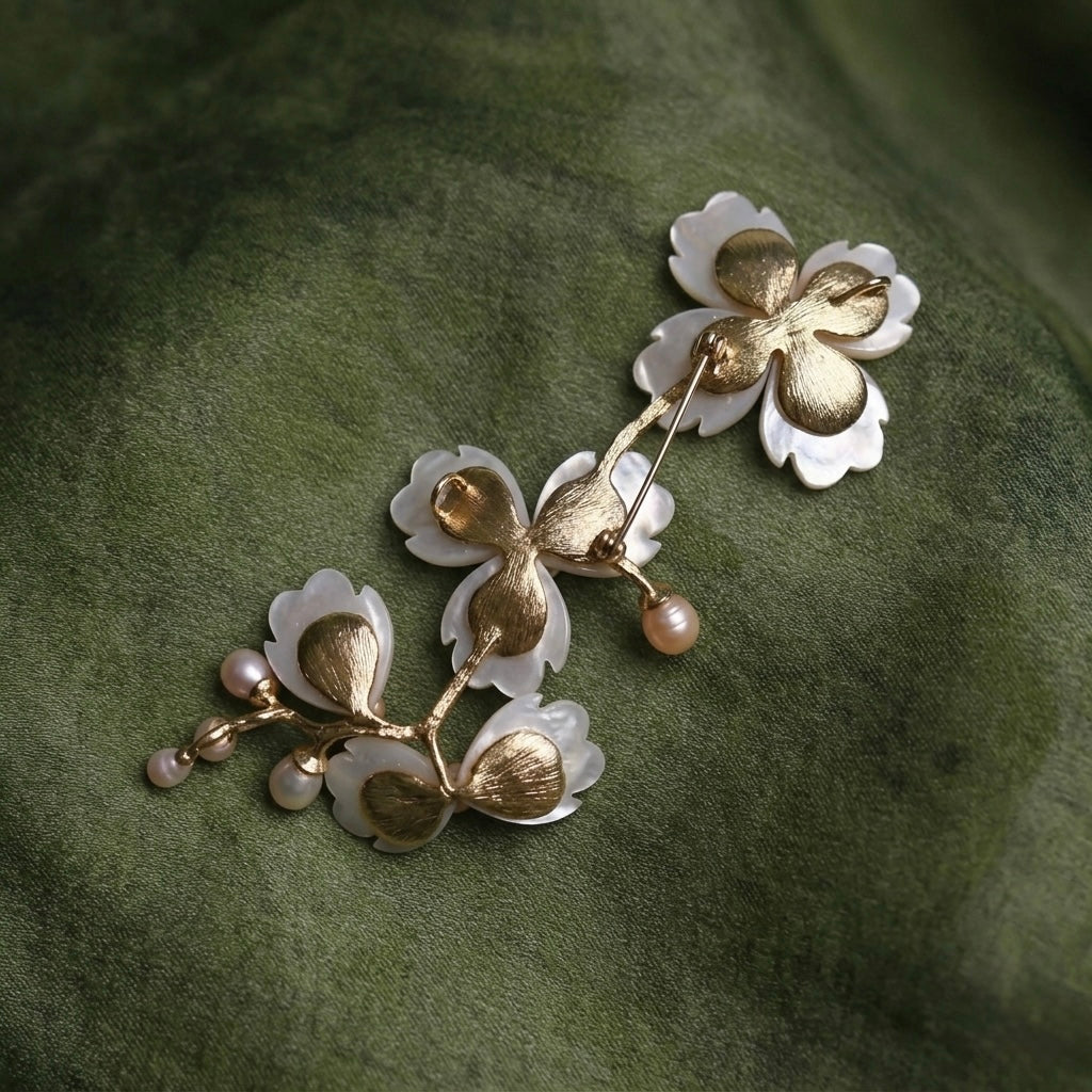 Morado Mother of Pearl Gold-Plated Copper Brooch, Handmade Snowflake Floral Design, Multi-Wear Pin