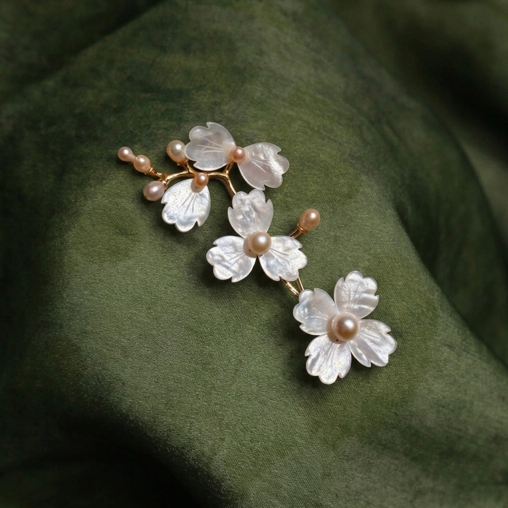 Morado Mother of Pearl Gold-Plated Copper Brooch, Handmade Snowflake Floral Design, Multi-Wear Pin