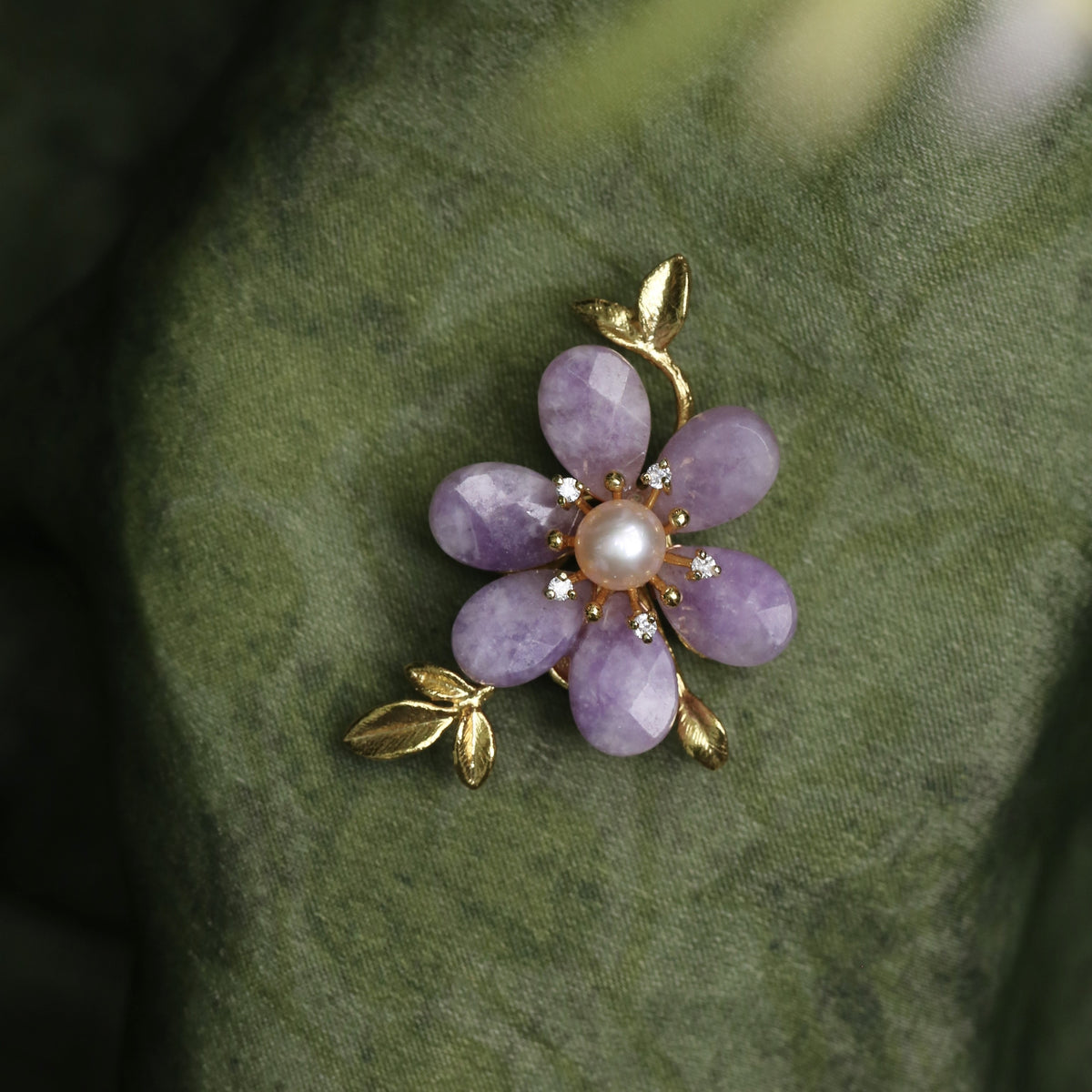 Morado Lavender Crystal Flower Copper Brooch, Freshwater Pearl Gold Plated Pin, Dainty Floral Brooch