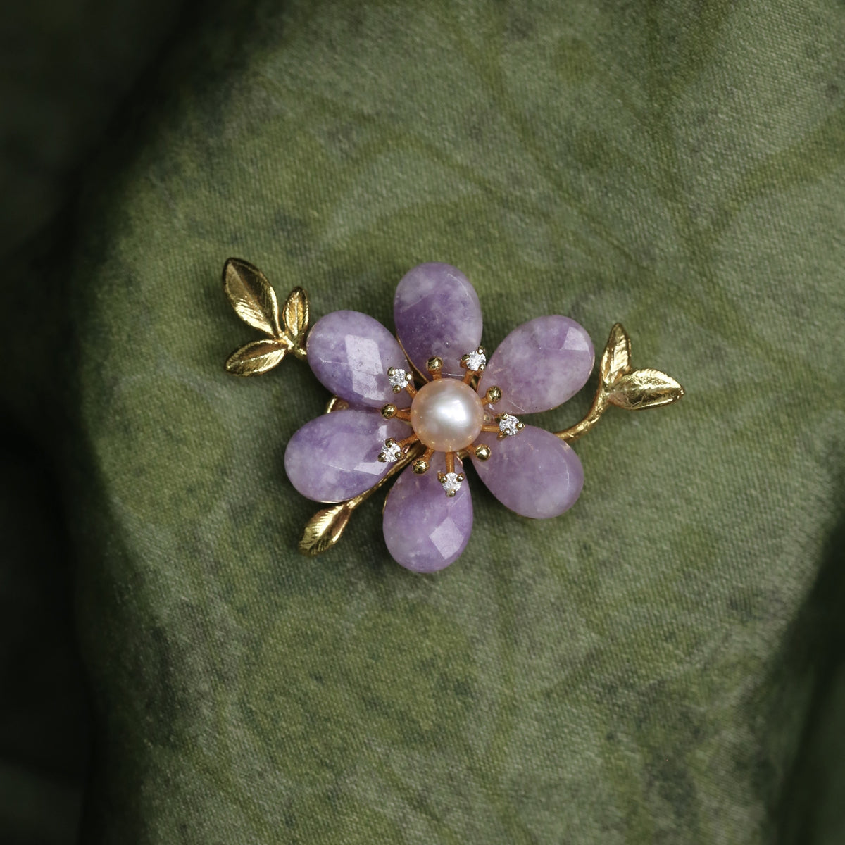 Morado Lavender Crystal Flower Copper Brooch, Freshwater Pearl Gold Plated Pin, Dainty Floral Brooch