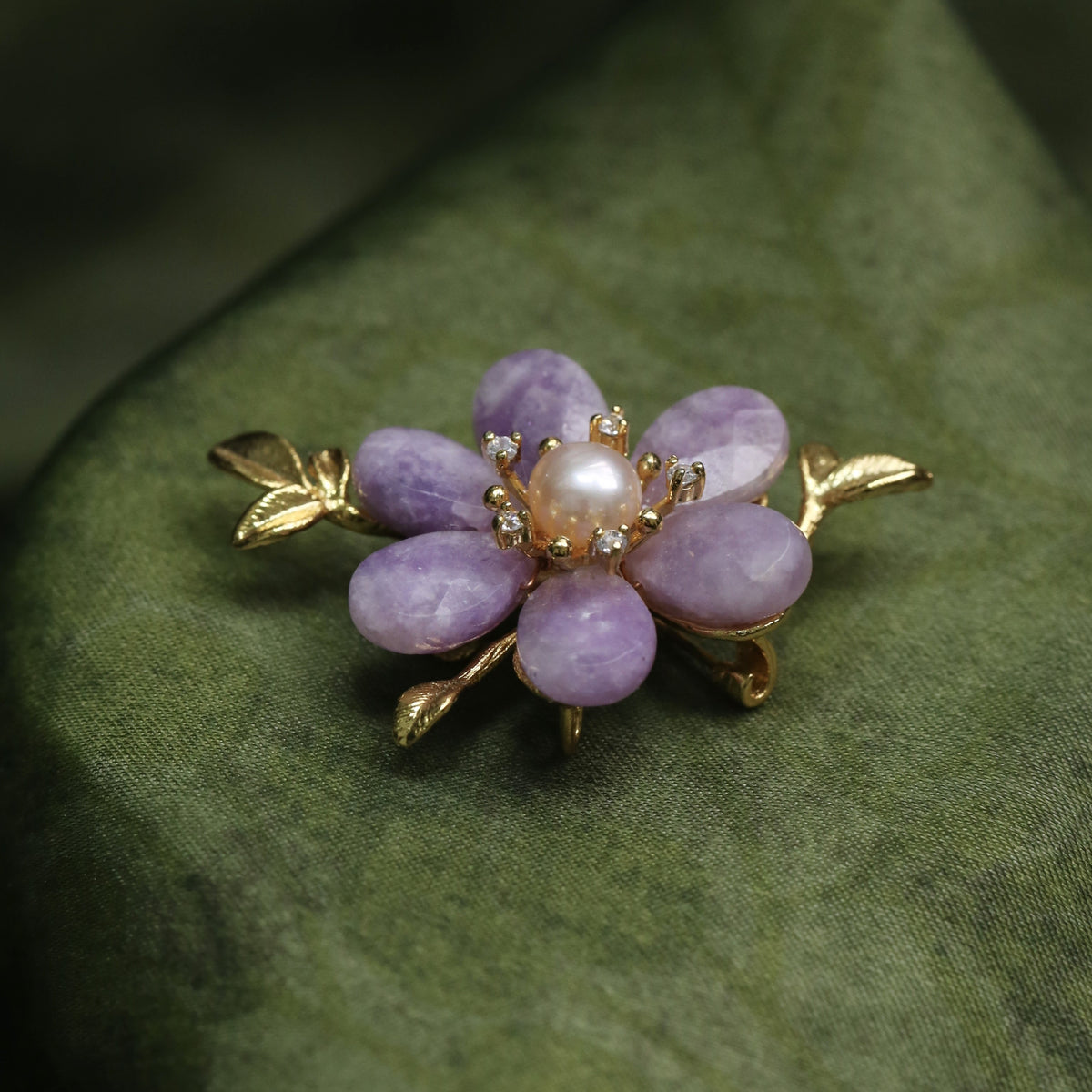 Morado Lavender Crystal Flower Copper Brooch, Freshwater Pearl Gold Plated Pin, Dainty Floral Brooch