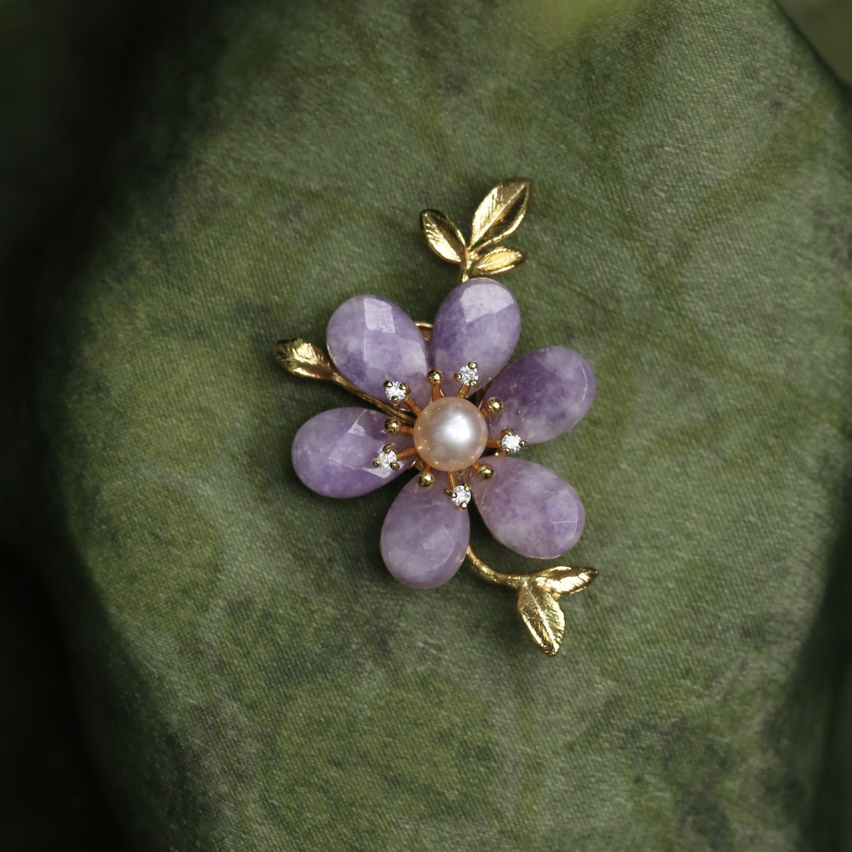 Morado Lavender Crystal Flower Copper Brooch, Freshwater Pearl Gold Plated Pin, Dainty Floral Brooch