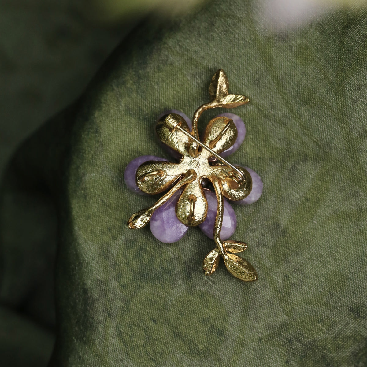 Morado Lavender Crystal Flower Copper Brooch, Freshwater Pearl Gold Plated Pin, Dainty Floral Brooch
