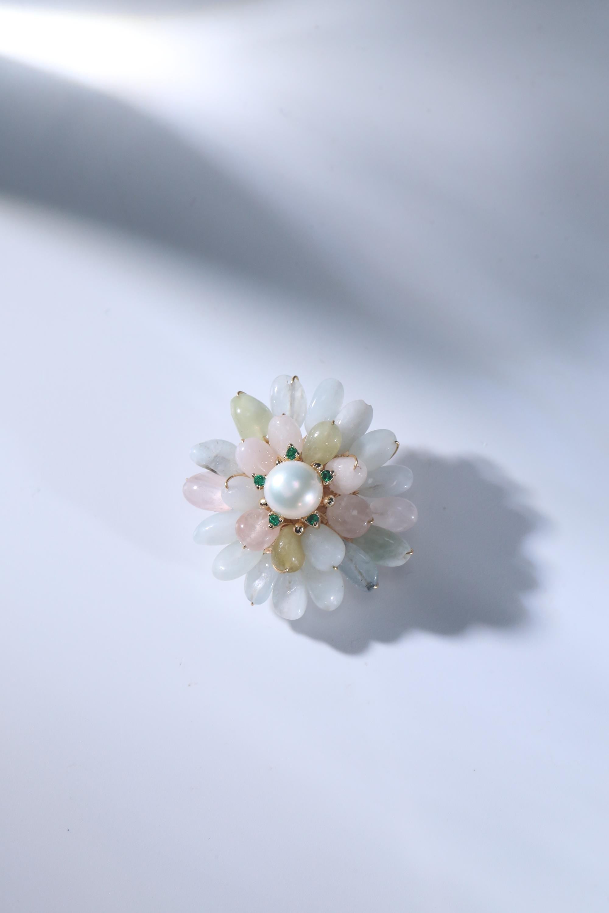 Morado Monet's Water Lily Brooch, Handmade Impressionist Jewelry with Fluorite & Pearls for Serene Creativity