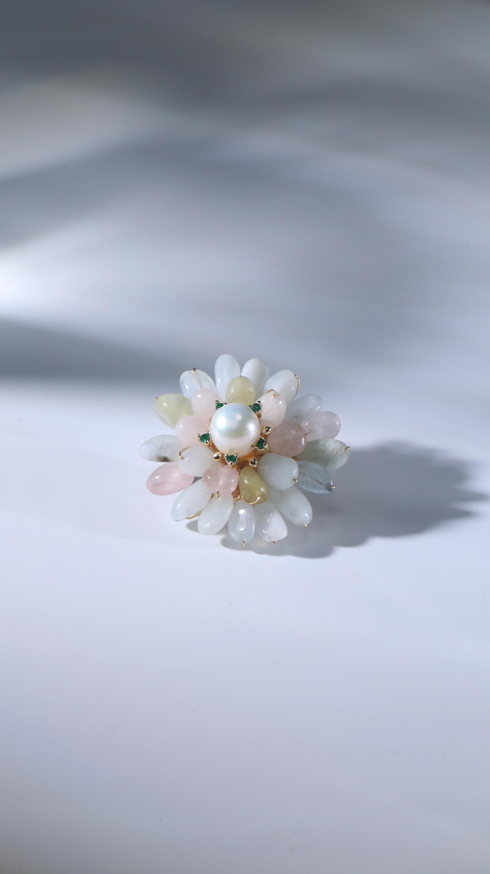 Morado Monet's Water Lily Brooch, Handmade Impressionist Jewelry with Fluorite & Pearls for Serene Creativity