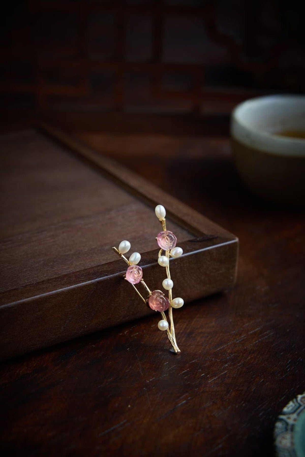Morado Rose Quartz Heart Brooch, Pearl Blossom Jewelry, Copper-Gold Vines, Multi-wear design