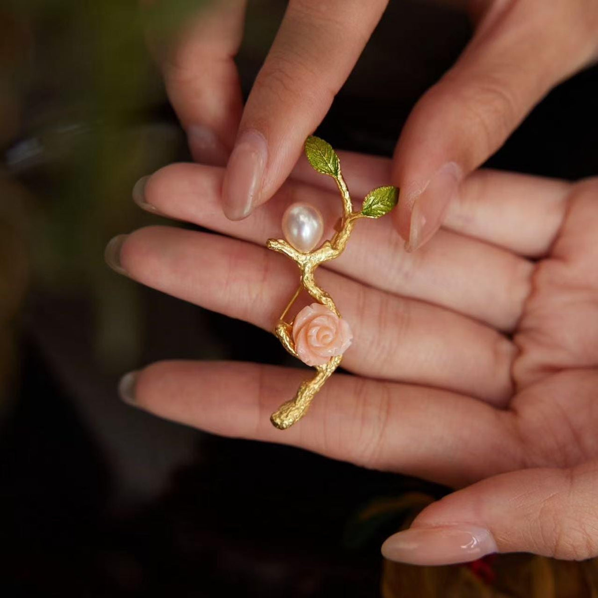 Morado Coral Rose Pearl Brooch, Gold Plated Silver Branch Pin, Floral Brooch